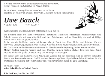 Traueranzeige von Uwe Bauch von Märkische Oderzeitung