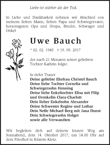 Traueranzeige von Uwe Bauch von Märkische Oderzeitung