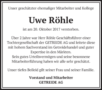 Traueranzeige von Uwe Röhle von Märkische Oderzeitung