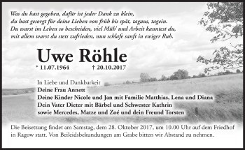 Traueranzeige von Uwe Röhle von Märkische Oderzeitung