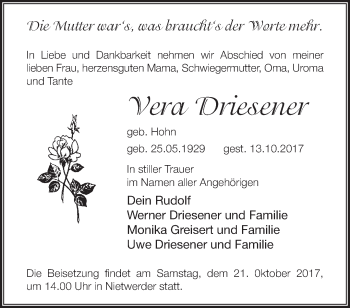 Traueranzeige von Vera Driesener von Märkische Oderzeitung