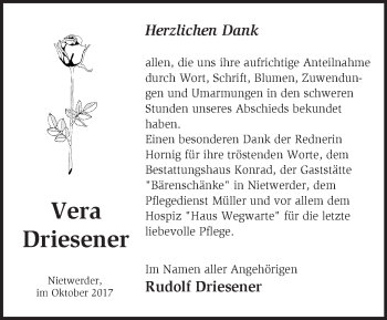 Traueranzeige von Vera Driesener von Märkische Oderzeitung