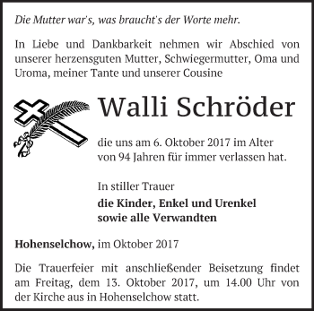 Traueranzeige von Walli Schröder von Märkische Oderzeitung