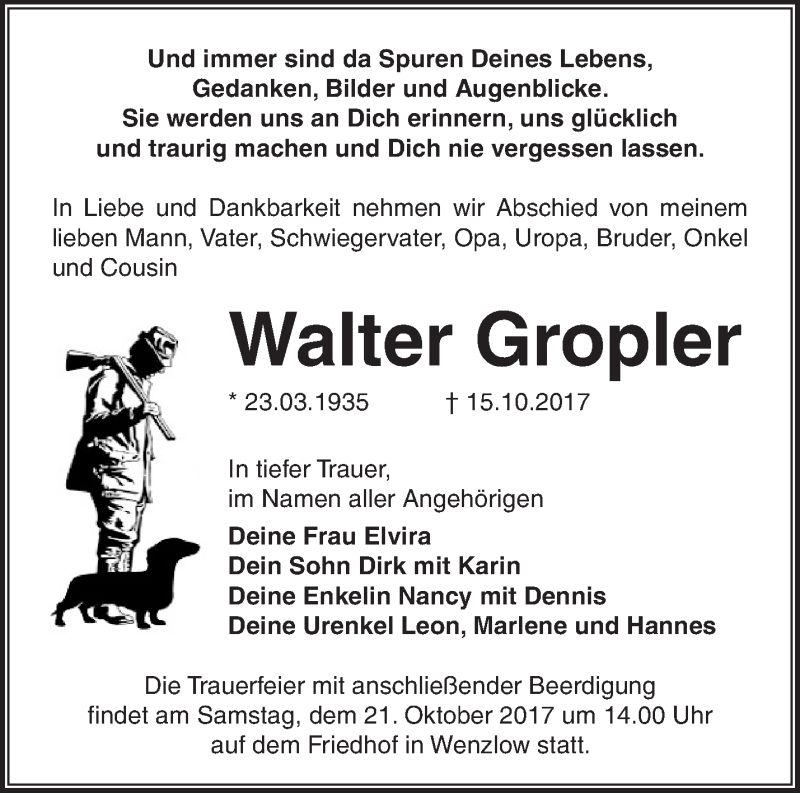  Traueranzeige für Walter Gropler vom 18.10.2017 aus Märkische Oderzeitung