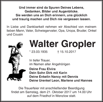 Traueranzeige von Walter Gropler von Märkische Oderzeitung