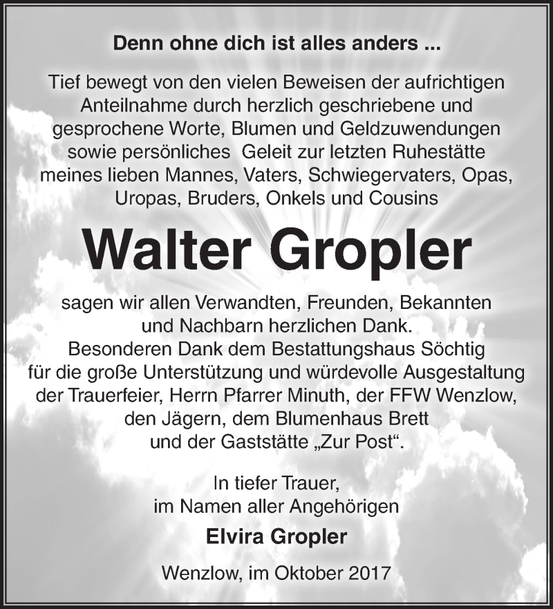  Traueranzeige für Walter Gropler vom 29.10.2017 aus Märkische Oderzeitung