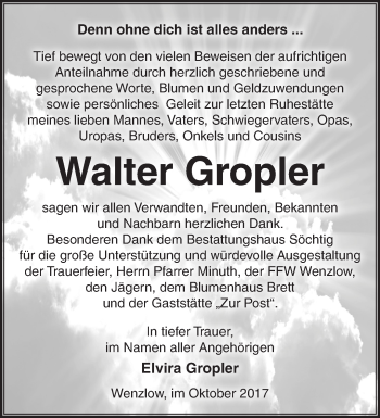 Traueranzeige von Walter Gropler von Märkische Oderzeitung