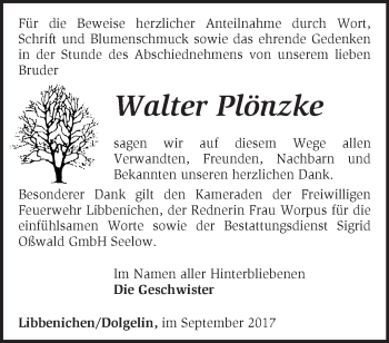 Traueranzeige von Walter Plönzke von Märkische Oderzeitung