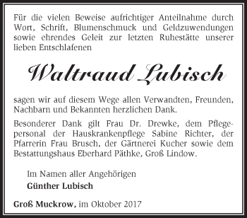 Traueranzeige von Waltraud Lubisch von Märkische Oderzeitung