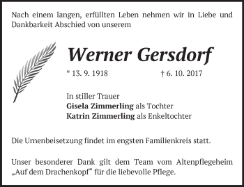 Traueranzeige von Werner Gersdorf von Märkische Oderzeitung