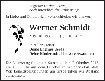 Traueranzeige von Werner Schmidt von Märkische Oderzeitung