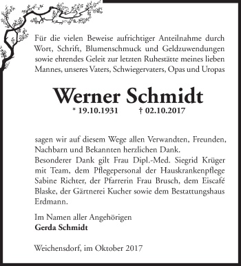 Traueranzeige von Werner Schmidt von Märkische Oderzeitung