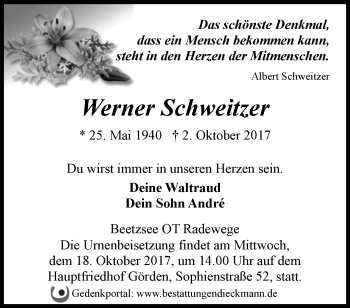 Traueranzeige von Werner Schweitzer von Märkische Oderzeitung