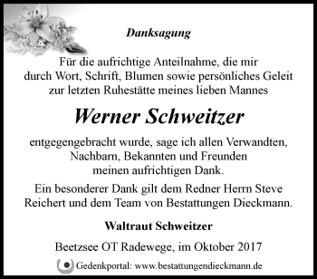 Traueranzeige von Werner Schweitzer von Märkische Oderzeitung