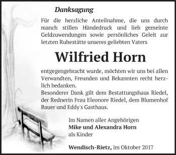 Traueranzeige von Wilfried Horn von Märkische Oderzeitung