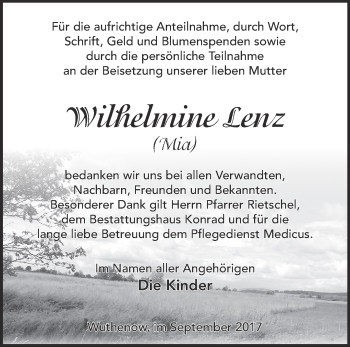 Traueranzeige von Wilhelmine Lenz von Märkische Oderzeitung