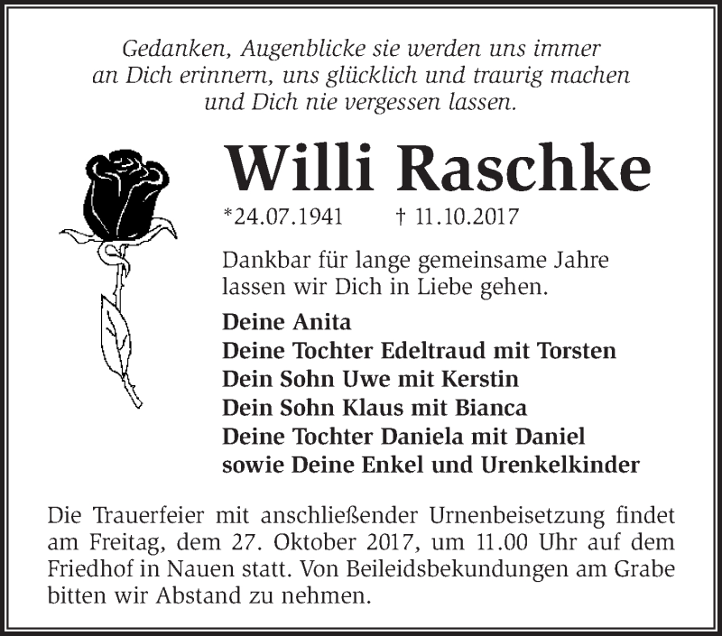  Traueranzeige für Willi Raschke vom 22.10.2017 aus Märkische Oderzeitung