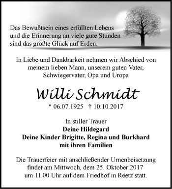 Traueranzeige von Willi Schmidt von Märkische Oderzeitung