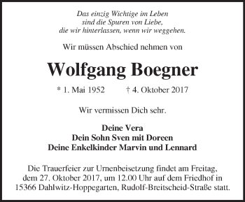 Traueranzeige von Wolfgang Boegner von Märkische Oderzeitung