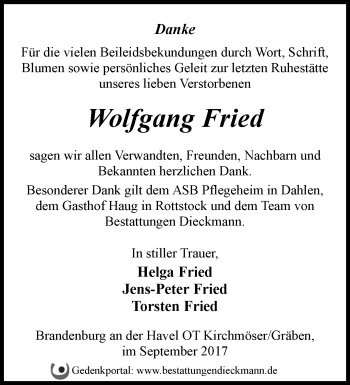 Traueranzeige von Wolfgang Fried von Märkische Oderzeitung