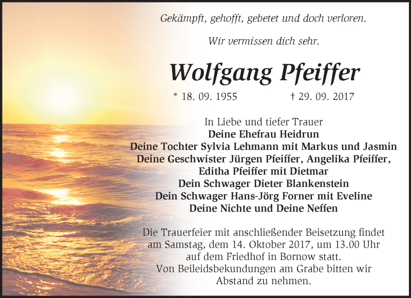  Traueranzeige für Wolfgang Pfeiffer vom 06.10.2017 aus Märkische Oderzeitung