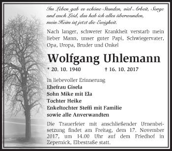 Traueranzeige von Wolfgang Uhlemann von Märkische Oderzeitung