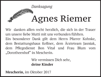 Traueranzeige von Agnes Riemer von Märkische Oderzeitung