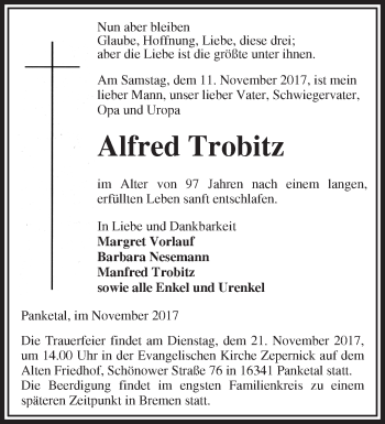 Traueranzeige von Alfred Trobitz von Märkische Oderzeitung