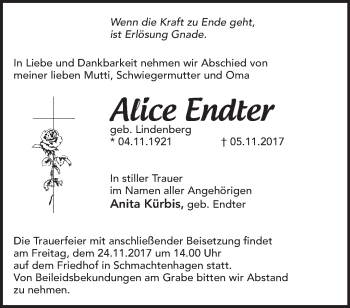 Traueranzeige von Alice Endter von Märkische Oderzeitung