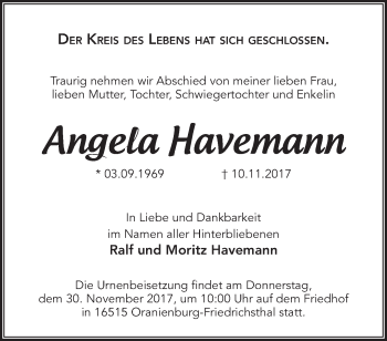 Traueranzeige von Angela Havemann von Märkische Oderzeitung