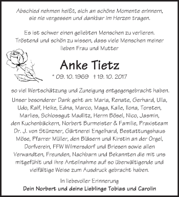 Traueranzeige von Anke Tietz von Märkische Oderzeitung