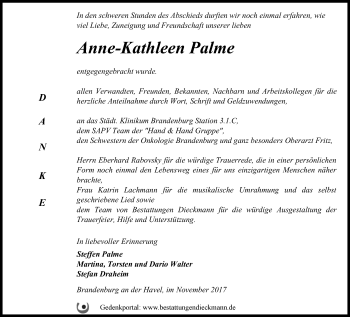 Traueranzeige von Anne-Kathleen Palme von Märkische Oderzeitung