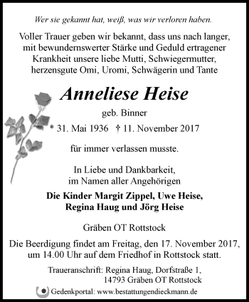 Traueranzeige von Anneliese Heise von Märkische Oderzeitung