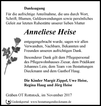 Traueranzeige von Anneliese Heise von Märkische Oderzeitung