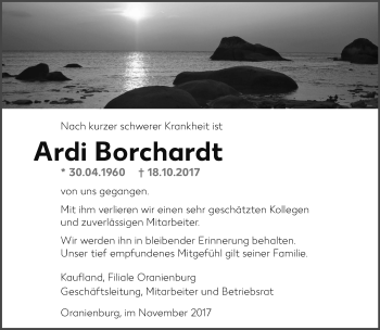 Traueranzeige von Ardi Borchardt von Märkische Oderzeitung