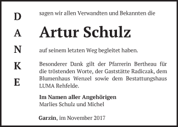 Traueranzeige von Artur Schulz von Märkische Oderzeitung