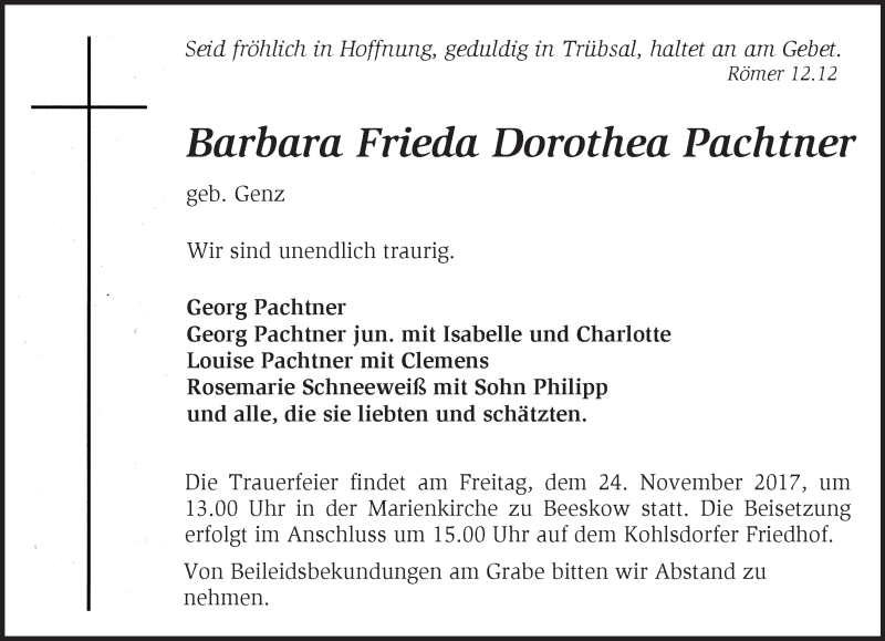  Traueranzeige für Barbara Frieda Dorothea Pachtner vom 21.11.2017 aus Märkische Oderzeitung