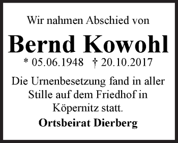 Traueranzeige von Bernd Kowohl von Märkische Oderzeitung