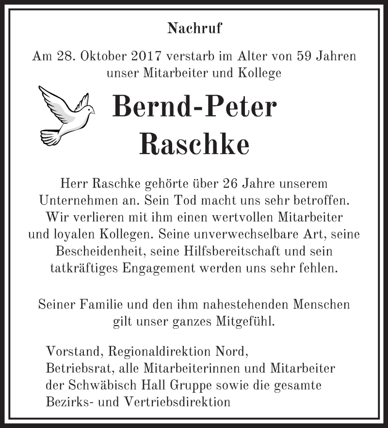  Traueranzeige für Bernd-Peter Raschke vom 11.11.2017 aus Märkische Oderzeitung