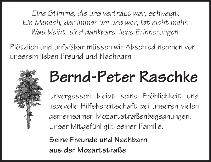  Traueranzeige für Bernd-Peter Raschke vom 11.11.2017 aus Märkische Oderzeitung