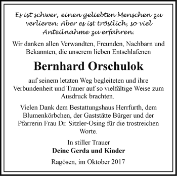 Traueranzeige von Bernhard Orschulok von Märkische Oderzeitung