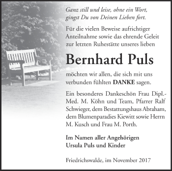 Traueranzeige von Bernhard Puls von Märkische Oderzeitung