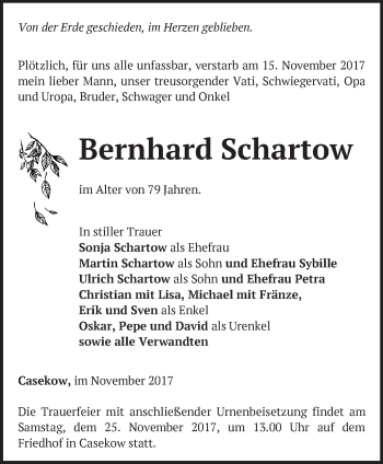 Traueranzeige von Bernhard Schartow von Märkische Oderzeitung