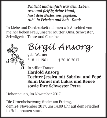 Traueranzeige von Birgit Ansorg von Märkische Oderzeitung