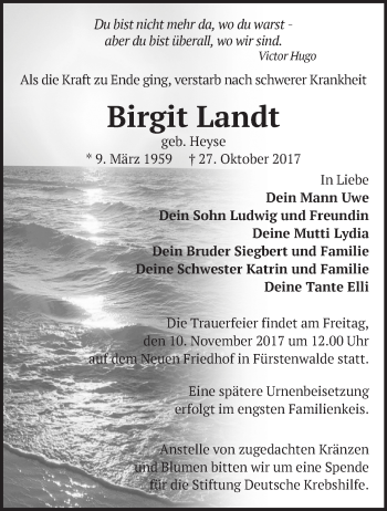 Traueranzeige von Birgit Landt von Märkische Oderzeitung