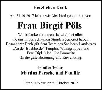 Traueranzeige von Birgit Pöls von Märkische Oderzeitung