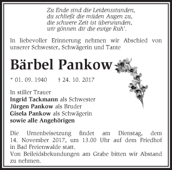 Traueranzeige von Bärbel Pankow von Märkische Oderzeitung