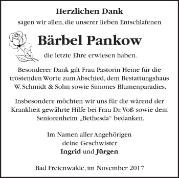 Traueranzeige von Bärbel Pankow von Märkische Oderzeitung