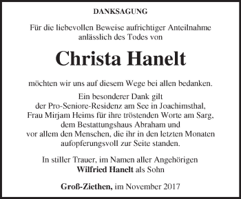 Traueranzeige von Christa Hanelt von Märkische Oderzeitung