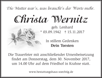 Traueranzeige von Christa Wernitz von Märkische Oderzeitung